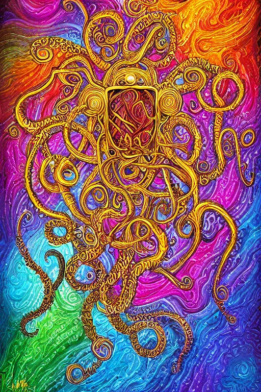 Prompt: a intricate background design with deep and intricate rune stones and rubies, and twisting intricate golden linework lovecraftian by lisa frank, atomic stars, digital art, photorealistic, highly detailed, intricate painted by peter max