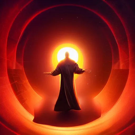 Image similar to award - winning. trending on artstation. 4 k. expressive. a faceless man wearing layered yellow robes while a black hole in space floats behind them. dark background. in the style of victor antonov