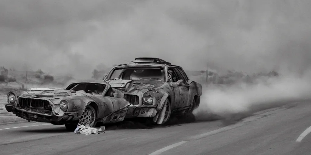 Image similar to car in full speed in a empty street, mad max kieth thomsen