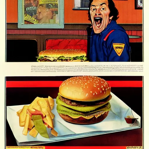 Prompt: tim curry eating a massive big mac hamburger, extra pickles and onions, ultra detailed, style of norman rockwell, style of richard corben, 4 k, rule of thirds.