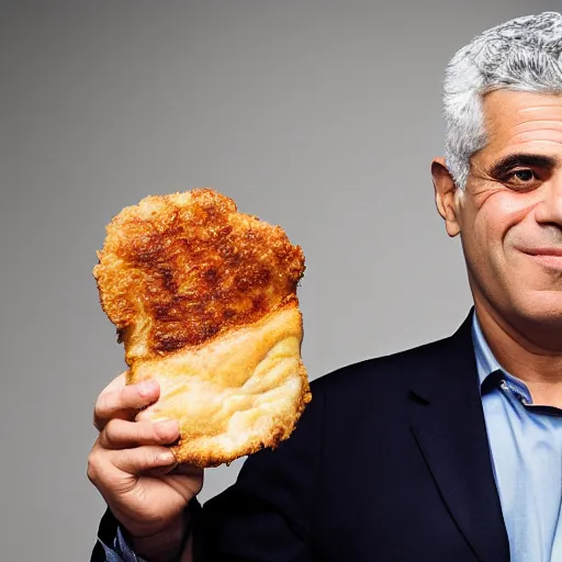 Image similar to award winning studio portrait of yair lapid holding a schnitzel in the shape of the state of israel