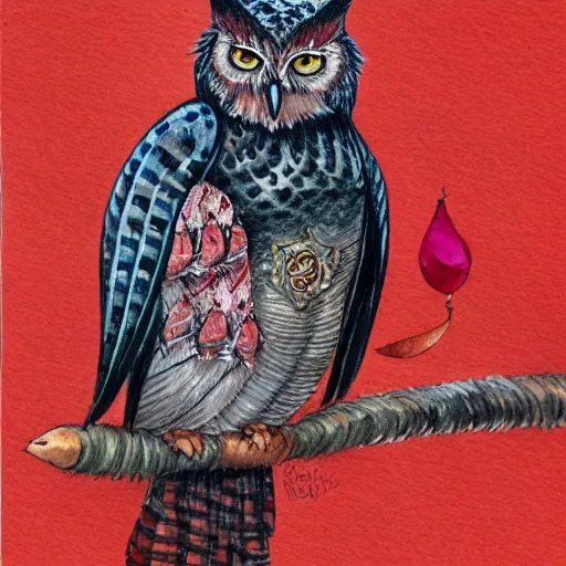 Prompt: a full body Portrait of a Royal Cat Owl, feathers of ruby and gold, Lorenz Stöer, #watercolor anime trending on artstation