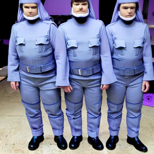 Image similar to troop jack black clones with white bob hairdos, tight light blue and lavender neopren suits, futuristic cloning facility, sci - fi, highly detailed, cinematic