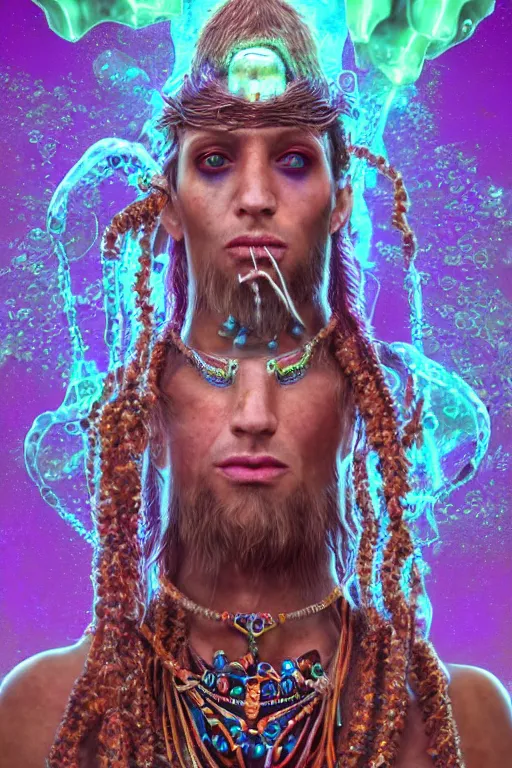 Prompt: full body psychedelic shaman with trinket necklace, epic angle and pose, symmetrical artwork, 3d with depth of field, blurred background, cybernetic jellyfish robotic face skull ayahuasca, translucent, fungus, energy flows of water and fire. a highly detailed epic cinematic concept art CG render. made in Maya, Blender and Photoshop, octane render, excellent composition, cinematic dystopian brutalist atmosphere, dynamic dramatic cinematic lighting, aesthetic, very inspirational, arthouse, Greg Rutkowski, Ilya Kuvshinov, WLOP, Stanley Artgerm Lau, Ruan Jia and Fenghua Zhong