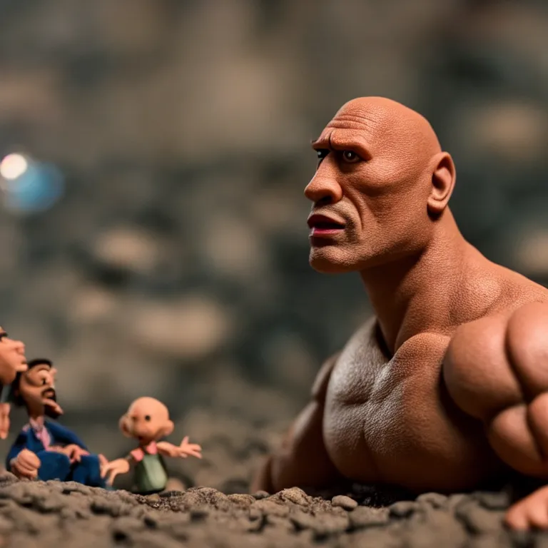 Prompt: a cinematic film still of a claymation stop motion film starring dwayne the rock johnson, shallow depth of field, 8 0 mm, f 1. 8