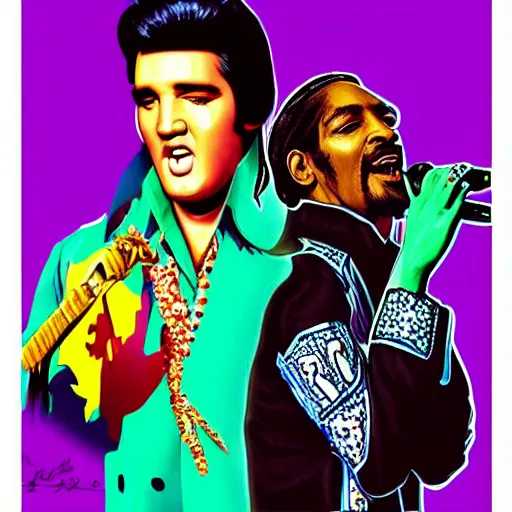 Prompt: elvis presley and snoop dog singing a duet one microphone, in las vegas, detailed, beautiful, colorful, promotional poster, digital art