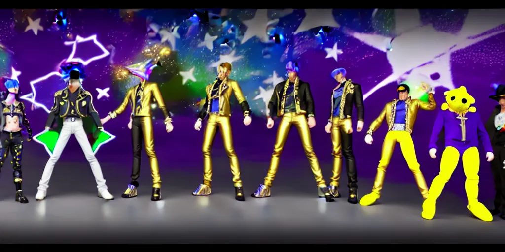 Prompt: jojo's bizarre adventure : golden wind, unreal engine 5, render, ray tracing background full of spray painted, jester plushies, crosses, and shinning stars, holography, irridescent