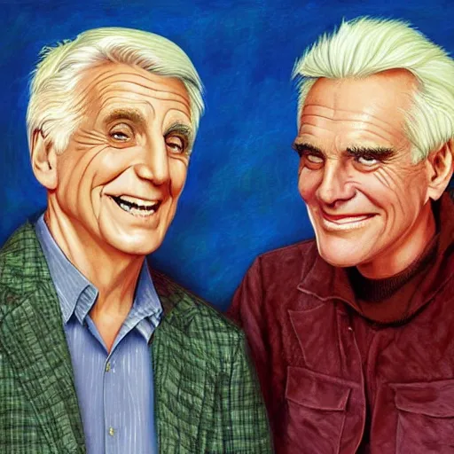 Prompt: Leslie Nielsen and Jim Carrey, artwork by Daniel Merriam,