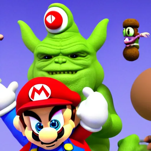 Image similar to super mario as godzilla yoda donkey kong pikachu yeti shrek fairy homer groot waluigi darth vader mike wazowski, highly detailed, extremely high quality, hd, 4 k, 8 k, professional photographer, 4 0 mp, lifelike, top - rated, award winning, cinematic, realistic, detailed lighting, detailed shadows, sharp, no blur, edited, corrected, trending