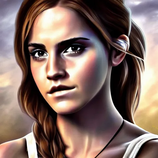 Prompt: Emma Watson as Lara Croft, digital art, highly-detailed, stunning