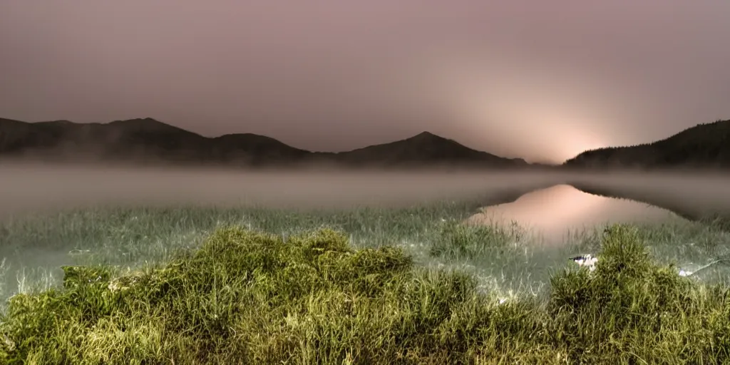 Prompt: empty lake at night, there is fog glazing over the water. it is raining, with lightning strikes.