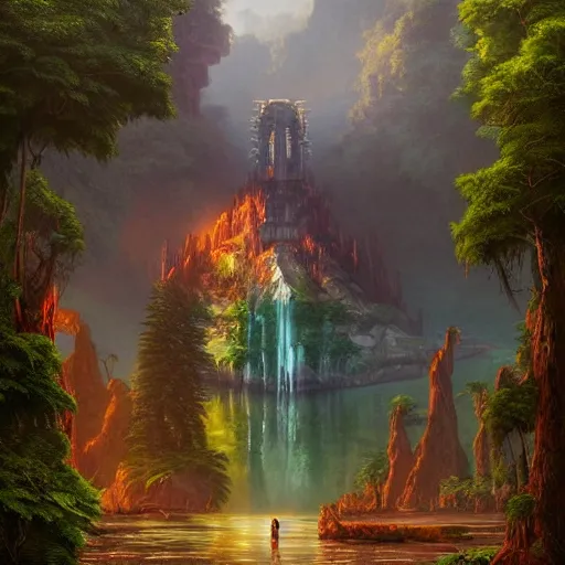 Image similar to A beautiful hyper realistic detailed matte painting of a phoenix temple nestled in forest next to a lake, artwork by John Howe and Albert Bierstadt and Alena Aenami and dan mumford and dave noton, unreal engine, trending on behance