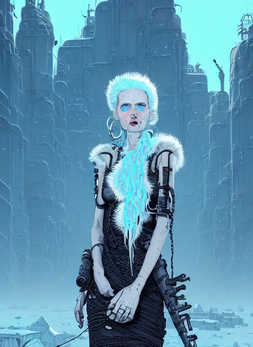 Prompt: highly detailed portrait of wasteland punk long curly white icey shard hair tribal lady, stray wiring by atey ghailan, james gilleard, by joe fenton, by greg rutkowski, by greg tocchini, by kaethe butcher, 4 k resolution, gradient blue, cyan, black and white color scheme!!! ( ( snowy glaciated robotic dystopian city background ) )