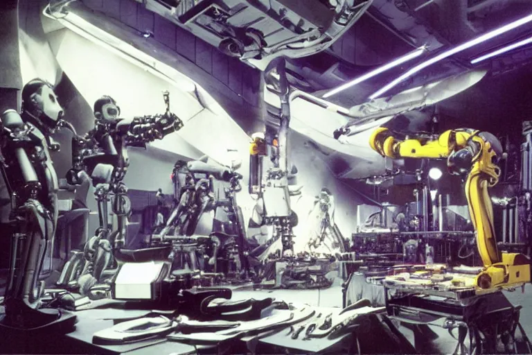 Prompt: a futuristic film studio with robot technicians preparing a scene by Stanley kubrick, sci-fi, color vibe, reimagined by industrial light and magic