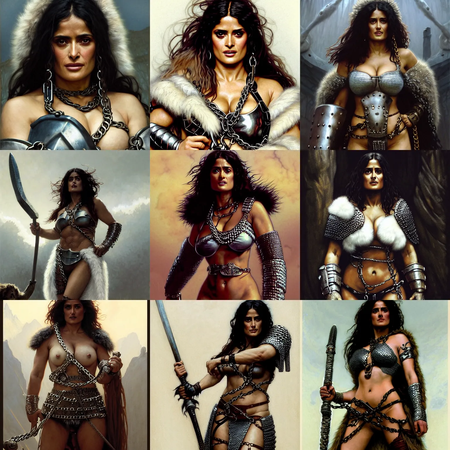 Prompt: portrait of Salma Hayek as a muscled and determined female barbarian clothed in chain mail bikini armor and a white fur cloak, neutral expression, by Greg Rutkowski and John Collier and Krenz Cushart and Artem Demura and Alphonse Mucha and Albert Aublet, as seen on ArtStation, 4k, dungeons and dragons, very aesthetic, very detailed, intricate, unreal, fantasy, dramatic, painterly, artstation, sharp focus, smooth