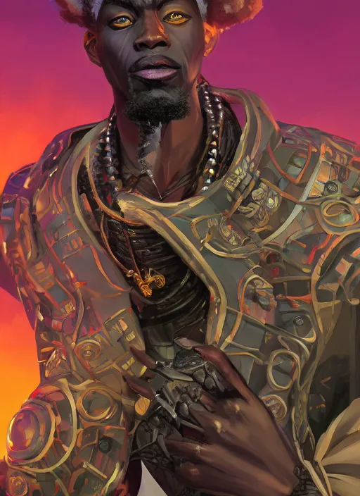 Prompt: highly detailed digital painting of afrofuturistic wakandan scientist biocircuitry voodoo priest, masculine and sinister, 2 d game fanart behance hd by jesper ejsing, by rhads, makoto shinkai and lois van baarle, ilya kuvshinov, rossdraws, dramatic sunset, global illumination, radiant light, detailed and intricate environment