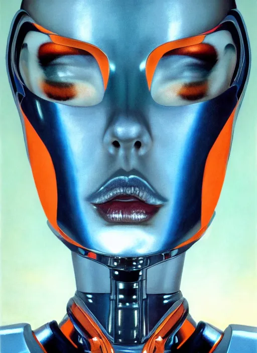 Image similar to ( ( symmetry ) ) closeup portrait of a chrome stunning cyborg girl, ( ( ( crying ) ) ), racer jumpsuit with shoulder pads, strong cinematic light, blue orange, viscous volumetric smoke, mist, by gerald brom, by mikhail vrubel, by peter elson, muted colors, extreme detail, trending on artstation, 8 k