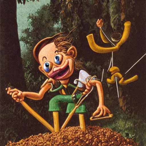 Prompt: Pinocchio being eaten by termites