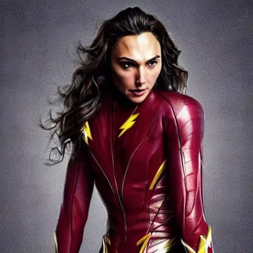 Image similar to an potrait of gal Gadot cast of movie the flash and wearing a flash suit, photorealistic high detail, full body shot.