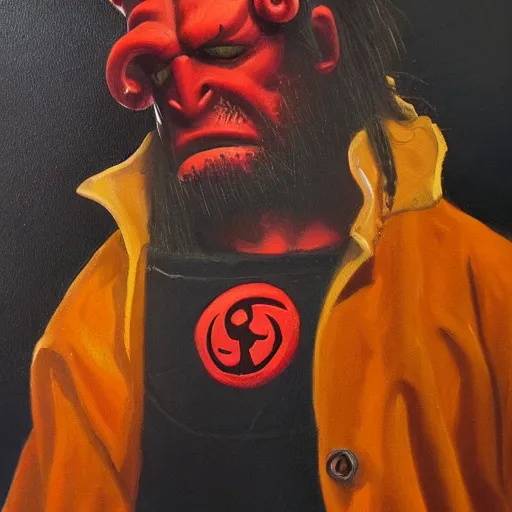 Image similar to hellboy portrait. oil painting. 3 / 4 view. closeup. based on the great masters. baroque.