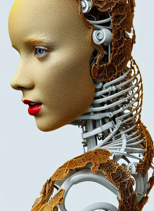 Image similar to complex 3d render ultra detailed of a beautiful porcelain profile woman face, mechanical cyborg, 150 mm, beautiful natural soft light, rim light, studio light, elegant gold details, magnolia big leaves and stems, roots, fine foliage lace, mesh wire, intricate details, hyperrealistic, mandelbrot fractal, anatomical, red lips, white metal armor, facial muscles, cable wires, microchip, elegant, octane render, H.R. Giger style, 8k