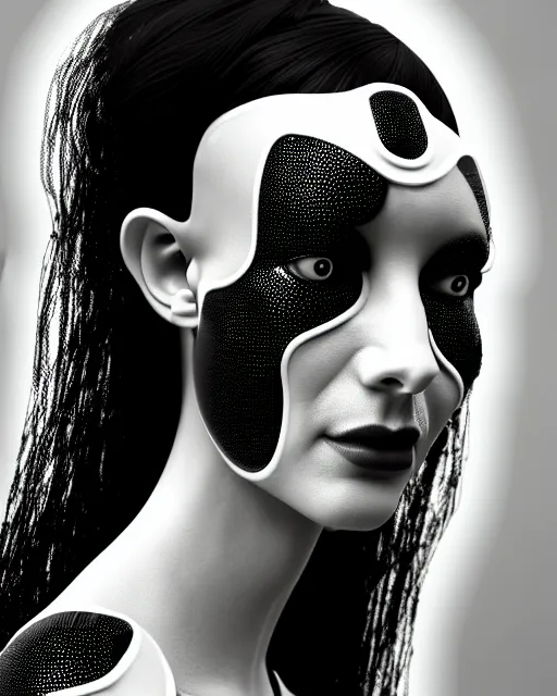 Prompt: black and white cyborg-plant goddess high quality fashion portrait, artificial intelligence, bio-mechanical bio-luminescence, artificial spider web, neurons, nerve cells, octane render, cinematic, hyper realism, high detail, 8k, in the style of Steven Meisel and Dora Maar and H.G. Giger