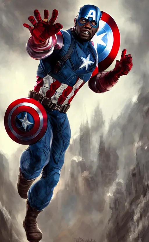 Image similar to kevin hart as captain america, dynamic lighting, photorealistic fantasy concept art, trending on art station, stunning visuals, creative, cinematic, ultra detailed