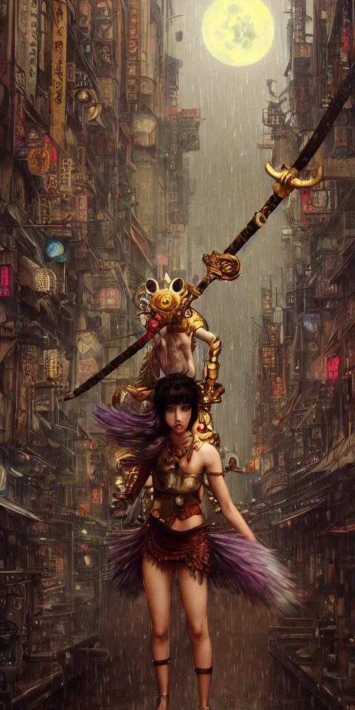 Image similar to hyper realistic Princess Mononoke attacking evil spirit with a golden sword, ornate mask, wet market street, rainy atmosphere, cyberpunk metropolis, city landscape, jewels, full body pose, full moon, style of tom bagshaw, mucha, james gurney, norman rockwell, denoised, sharp