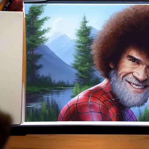 Image similar to a closeup photorealistic photograph of bob ross working on a canvas painting of spiderman. film still. brightly lit scene. mountains and trees. this 4 k hd image is trending on artstation, featured on behance, well - rendered, extra crisp, features intricate detail, epic composition and the style of unreal engine.