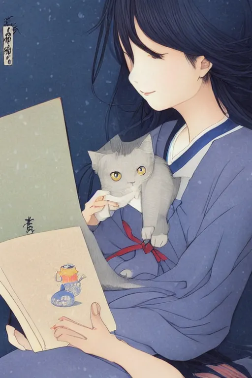 Prompt: a digital painting of a girl in Japanese high school uniform reading a book with a cat and candle in A comfortable bed room at midnight,blue and grey theme,blue theme,S line, by krenz cushart and mucha and range murata and greg rutkowski