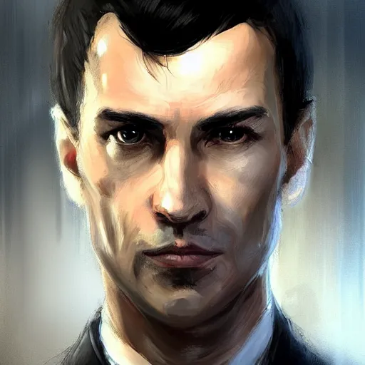 Image similar to portrait of a man by greg rutkowski, he is! about 3 0 years old, short black hair with bangs, his features are a mix between french, turkish and russian and he is wearing futuristic prosecutor suit, highly detailed portrait, digital painting, artstation, concept art, smooth, sharp foccus ilustration, artstation hq