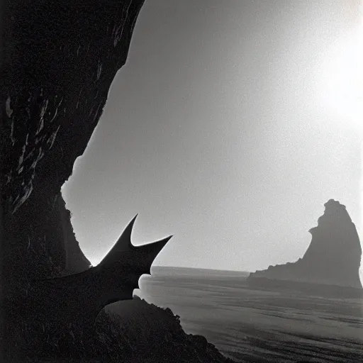 Prompt: a close - up, black & white studio photographic portrait of a loud screeching giant, bat - like creature flying towards you, you are exploring an alien planet and come across a strange, dark cave, dramatic backlighting, 1 9 7 3 photo from life magazine, by keith thompson,