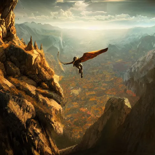 Prompt: flying high on a mountain, the valley beneath, dynamic lighting, photorealistic fantasy concept art, trending on art station, stunning visuals, creative, cinematic, ultra detailed