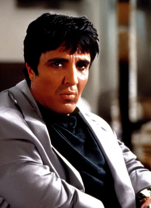 Image similar to film still of kim kardashian as tony montana in the movie scarface, 4k