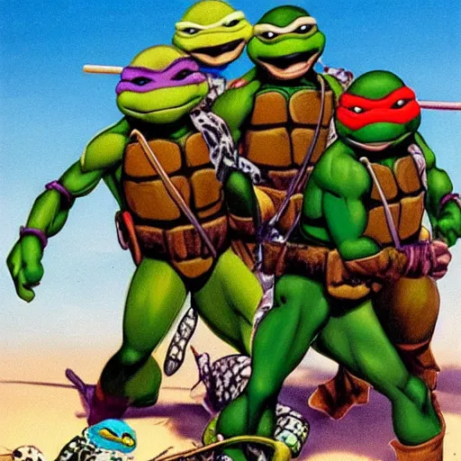 Image similar to teenage mutant ninja turtles, on a beach, style of Salvador dali