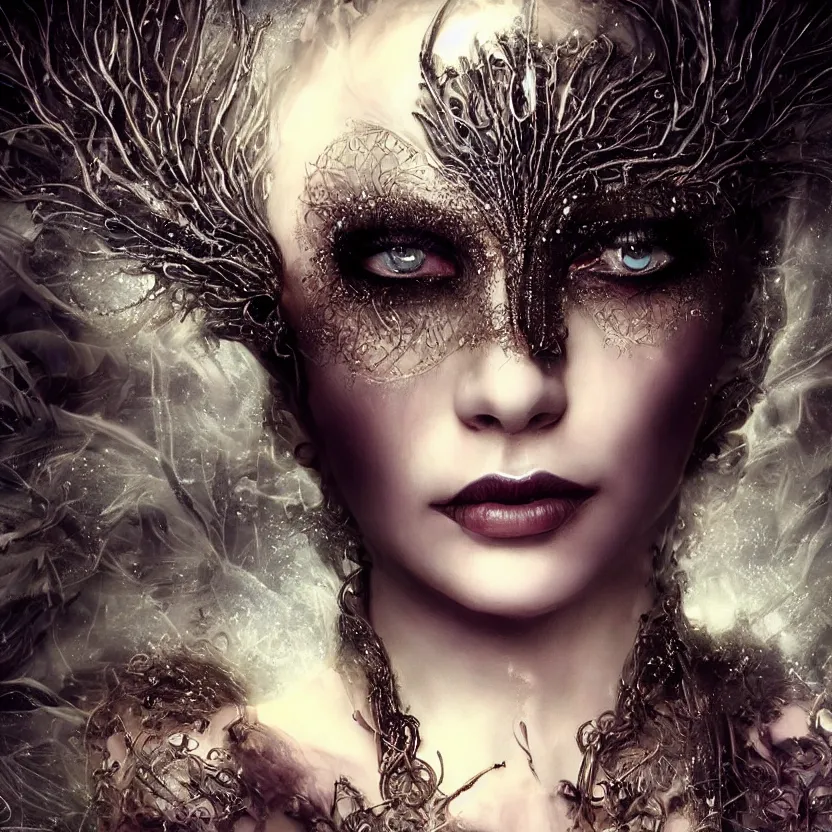 Image similar to mindblowing portrait of the enchantress queen, a stunning timeless beauty, breathtaking eyes, perfect skin, feathered eyelashes, royal gothic dress with a lot of leather, heavy silent hill aesthetic, incredibly intricate, digital art, blender, houdini & photoshop, very elegant & complex, hyper-maximalist, overdetailed, epic cinematic quality, biblical art lighting, photorealistic, lifelike, OLED, DSLR HDR 8k, face is the focus, facial feature symmetry, hyper composed, created by Nixeu & z--ed from deviantart