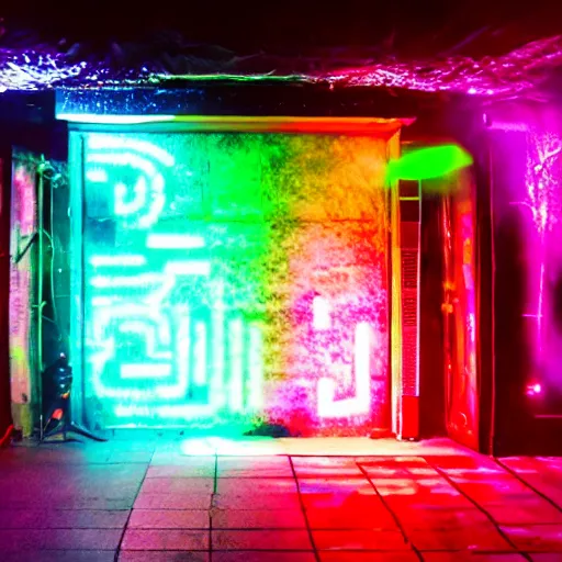 Prompt: entrance to underground rave club, secret, cyberpunk dance music, lights, ambiance