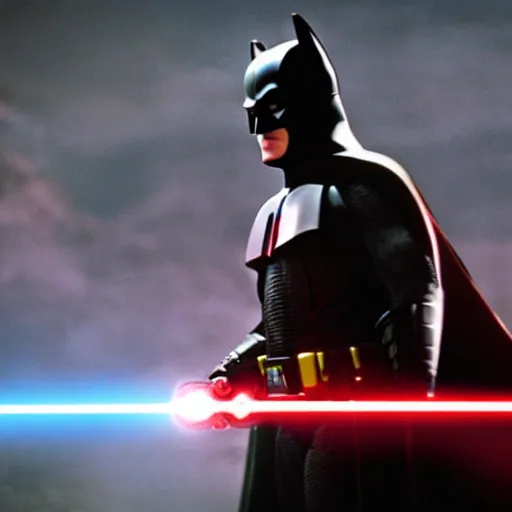 Image similar to hd photograph movie still of batman wielding a red lightsaber in star wars 2 0 0 5