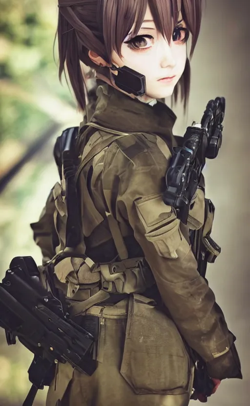 Image similar to portrait photo, highly detailed, high resolution, cosplay photo, stunning, girls frontline style, bokeh soft, 100mm, trending on instagram, by professional photographer, realistic human anatomy, real human faces, realistic military carrier, soldier clothing, modern warfare, realistic weapon, shot with a canon, low saturation, realistic human eyes