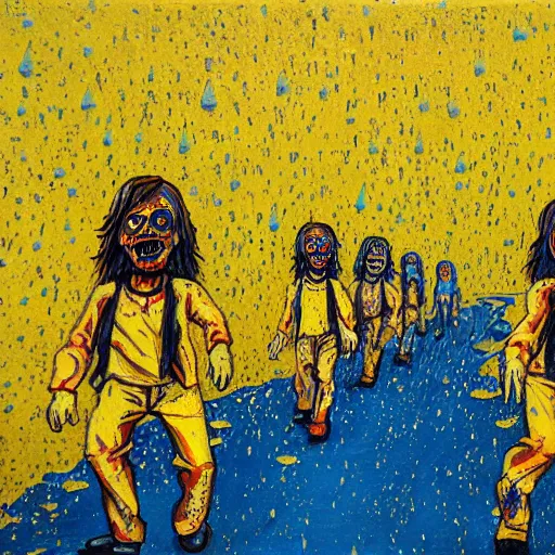 Image similar to painting of zombies walking in a blue sky, yellow raining