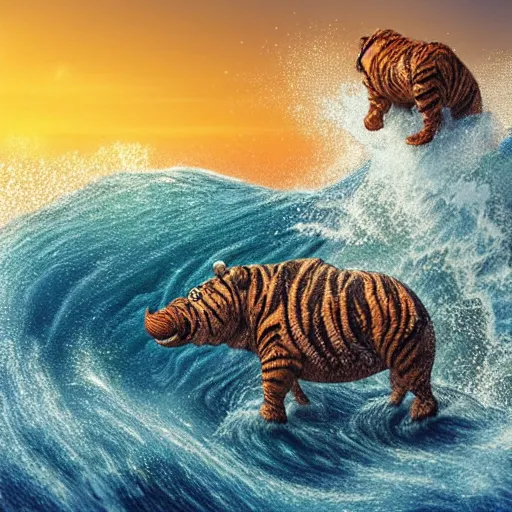 Image similar to a closeup photorealistic photograph of a cute smiling knitted tiger hippopotamus riding a large wave at sunset. surf in background. professional capture. brightly lit scene. this 4 k hd image is trending on artstation, featured on behance, well - rendered, extra crisp, features intricate detail, epic composition and the style of unreal engine.