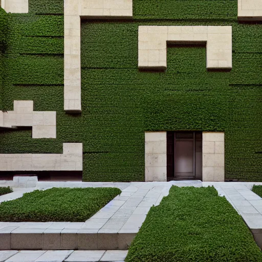 Image similar to courtyard complex of a labyrinthine monastary made of iteratively stacked voxel bricks, fusion of carlo scarpa and louis kahn, moss and ivy growing on the bricks, architectural photography