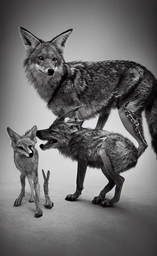 Image similar to Award winning Editorial photo of a Iroquois Native petting a wild coyote by Edward Sherriff Curtis and Lee Jeffries, 85mm ND 5, perfect lighting, gelatin silver process