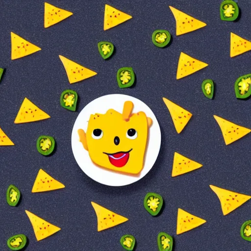 Image similar to cute nachos with cheese and jalapeno illustrations, white background, drawing, cartoon,