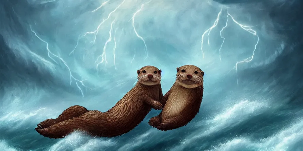 Image similar to beautiful incredible fantasy illustration of a pair of adorable otters falling in love holding hands in a huge storm at sea cinematic dreamlike detailed trending on artstation masterpiece