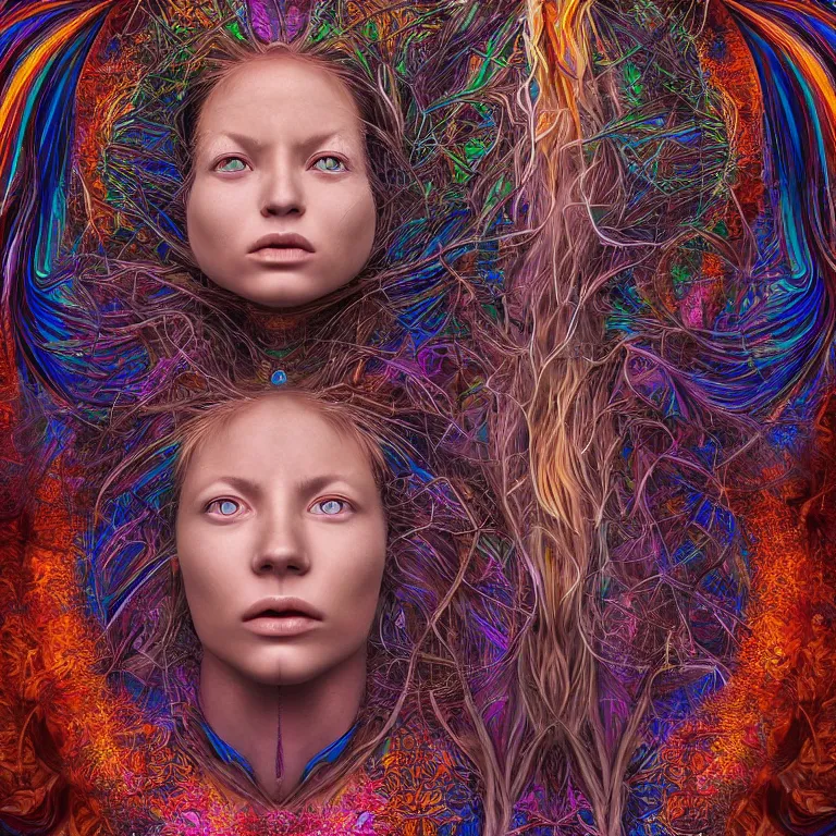 Image similar to An epic photo illustration of female symmetrical portrait by Michael Sydney Moore, Alex Grey, Irakli Nadar, hyper detailed, one face in center, multicolored, 50mm, award winning photography