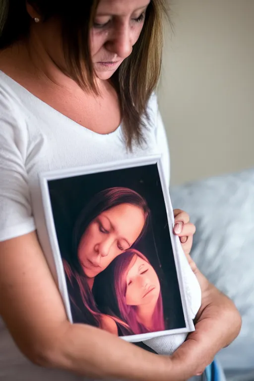Prompt: a picture that tells of a mother holding a photo of her dead daughter - taken with canon eos 5 d mark iv, versatile, lens interoperability, autofocus, 4 k uhd video capture at 3 0 fps, 8 k time - lapse functions, by karah mew