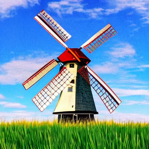 Prompt: dutch windmill in an open grassy field, wide shot, in sailor moon aesthetic, 90s anime, hyperdetailed hd, vintage, pixel art, dreamy, trending on twitter