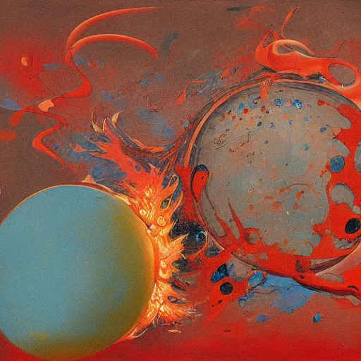 Image similar to a sphere being devoured by abstract splatters of paint in the style of francis bacon, venus being engulfed in flames in the style of james jean, surreal, beksinski, high detailed