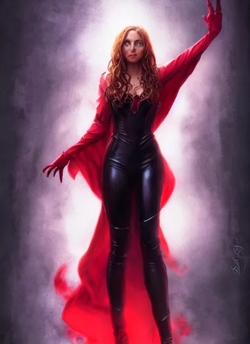 Image similar to Scarlet witch outfit Sarah Michelle Gellar, black magic, realistic character concept, full body, scary pose, comic book, illustration,;cinematic lighting, high resolution, Charlie Bowater, Norman Rockwell, symmetrical eyes, single face, insanely detailed and intricate, beautiful